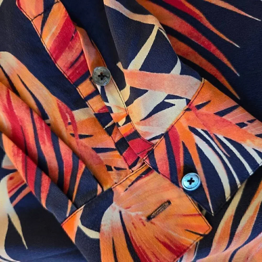 Tommy Bahama Womens Long Sleeve Tropical Silk Blouse Coral Navy Blue Medium